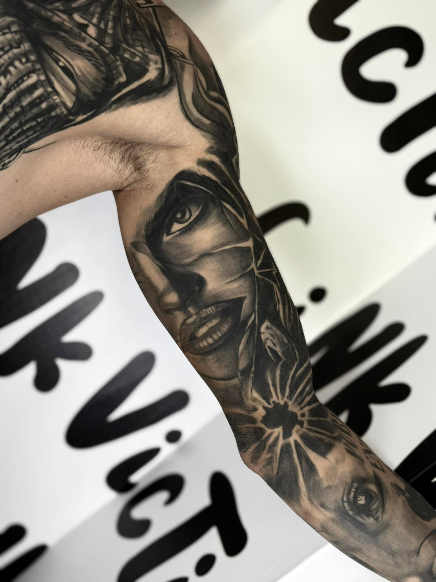 Portrait Sleeve — Black & Grey, Realism tattoo by Svein Zammit