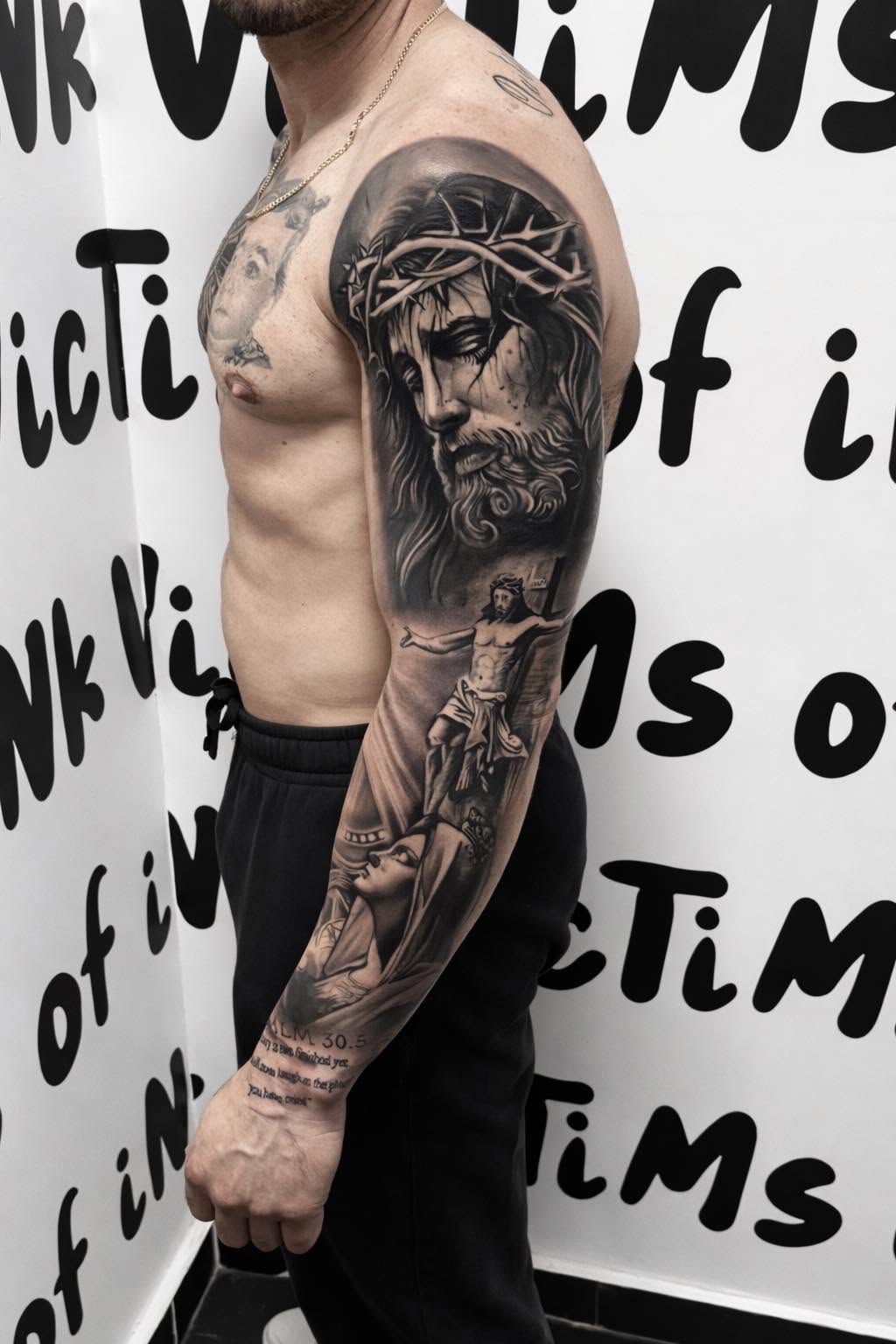 Religious Sleeve — Realism, Black & Grey tattoo by Svein Zammit